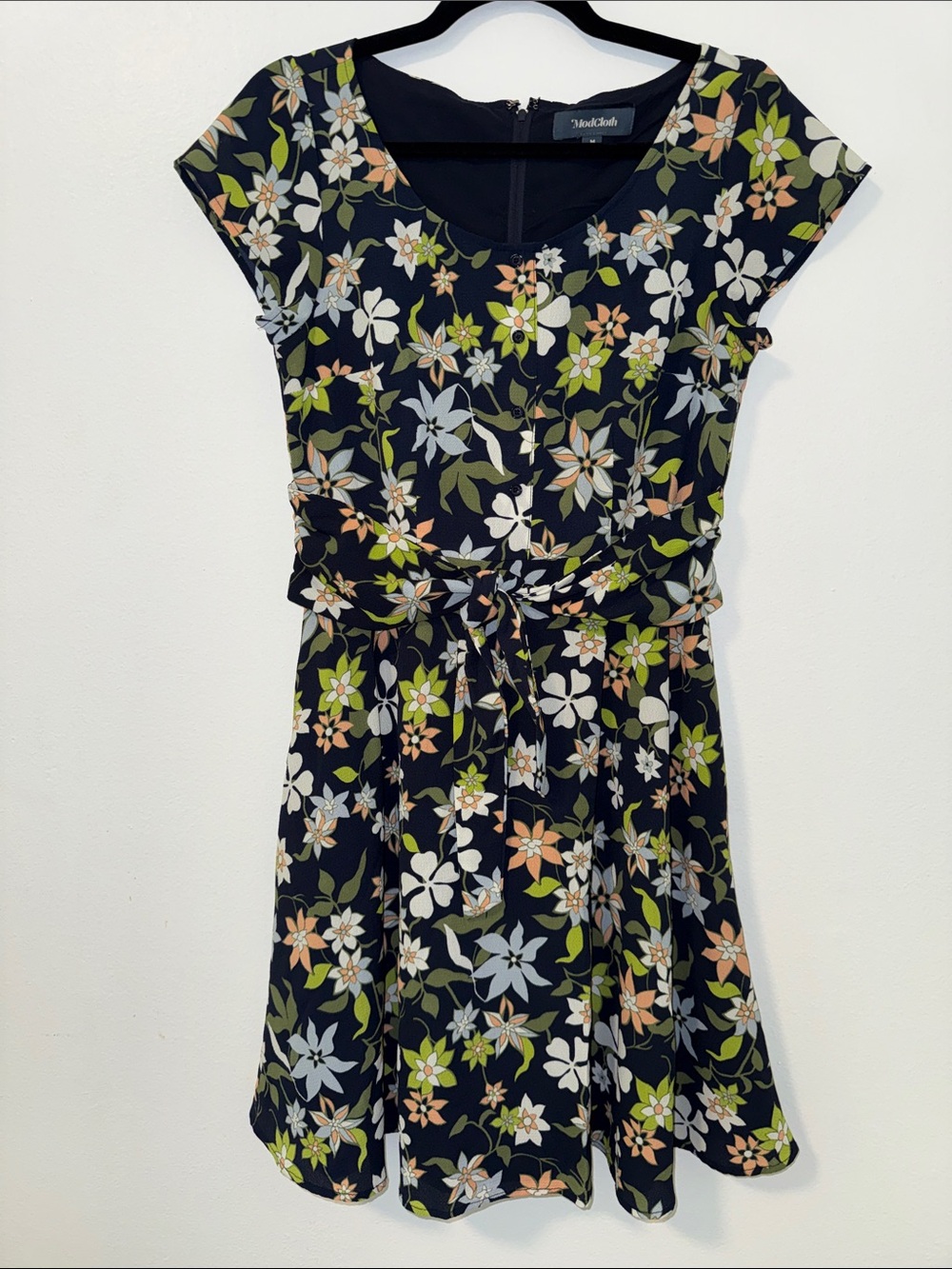 ModCloth Navy Floral Fit-and-Flare Dress with Self Tie